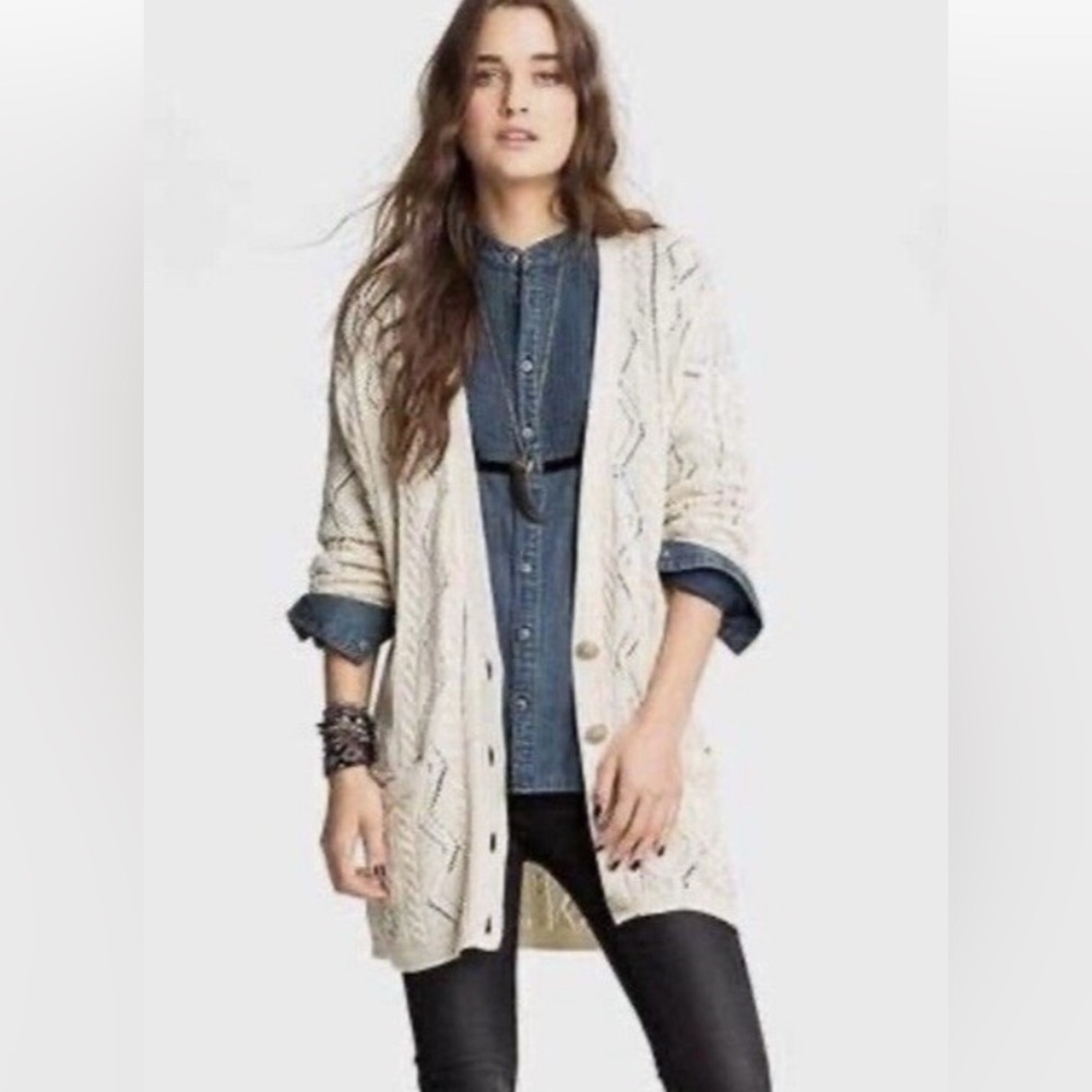 Free People New Romantics Bang Bang Knit Gold Threaded Fisherman’s Cardigan